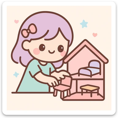 smiling girl arranging furniture in doll house sticker