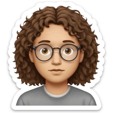 Slim, slightly oval face, light skin.
Medium-length brown wavy/curly hair, slightly messy.
Brown eyes, round eyeglasses.
Soft, calm expression.
No beard or very light stubble.
Minimal, high-quality style, not cartoonish.
Neutral background, soft lighting. sticker
