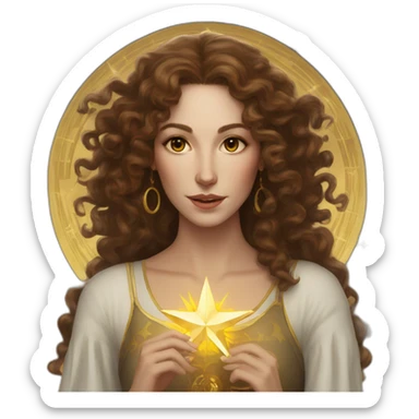 white woman with long brown curls and a tarot card with a golden star on it sticker