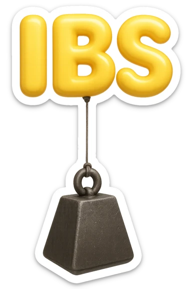 emoji stile iphone della parola "IBS" sospesa in aria con zavorra attaccata sotto che la fa cadere per il peso, iperrealistico 4k sticker