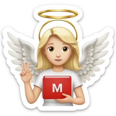 "An angel emoji with blonde hair, a halo, wings, holding a 'COMPARTILHAR' sign in bold letters." sticker