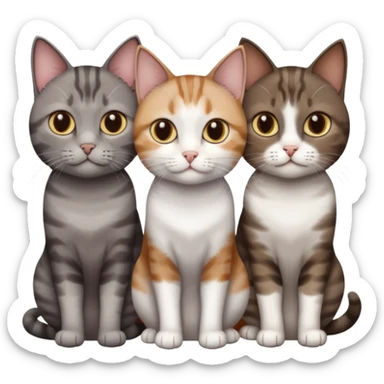 3 different coloured short haired cats including; a dark brown tabby and white cat, and a dark grey and white  sticker