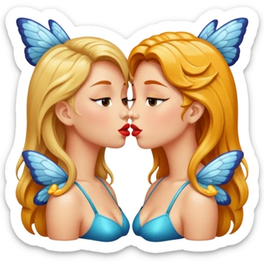bust two women kissing honey gloss lips, wet hair, moth wings behind sticker