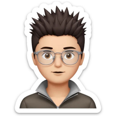 personagem com corte de cabelo espetadinho curto indo até o pescoço, cabelo castanho escuro, olho castanho escuro, sombrancelha castanho escuro, óculos sem aro prata quadrado. rosto fino sticker