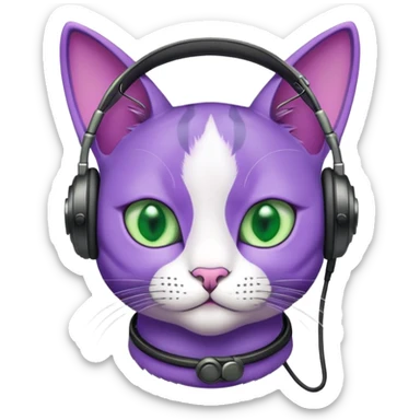 purple cat with green eyes and headphones like a pilot sticker