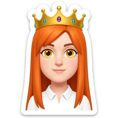 White girl with orange long straight hair and yellow eyes with a crown on her head and a white shirt on brown eyebrows sticker