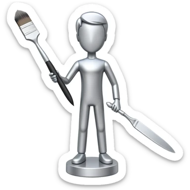 A paintbrush that transforms into a human metal silver silhouette sculpture, symbol of artistic identity, with a polished silver metallic finish sticker