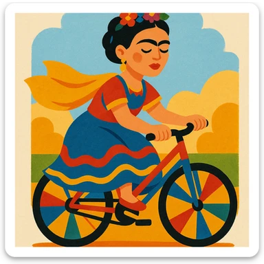 Frida Kahlo cycling, wearing traditional Mexican dress, colorful and lively, painterly style sticker