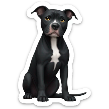 A black pitbull with his point ears are flopping and on the right side of its snout is white and the rest of its face is black except it has a thin white stripe on its forehead and a tiny bit oh white on its back neck and it’s got white feet  sticker