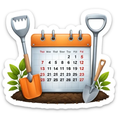 calendar icon with garden tools near. Transparent background sticker
