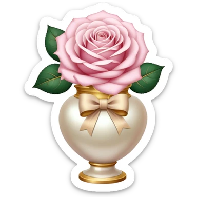 Realistic aesthetic powder pink rose in a pearl vintage vase and a beige bow with gold decoration  sticker