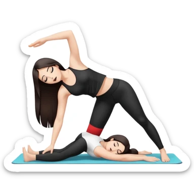 Девушка белокожая в позе собака мордой вниз, с длинными темными волосами, в коротком белом топе, в черных лосинах, с черными ресницами sticker