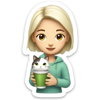Cute girl holding a cat and cup of iced matcha  sticker
