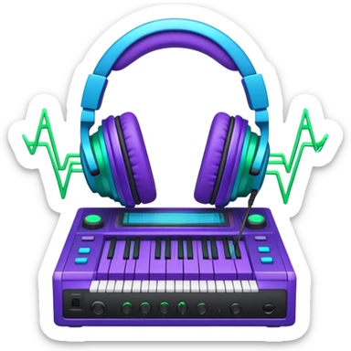 Create a creative and technical emoji that represents sound design. The design should feature a soundwave, a pair of studio headphones, and an audio synthesizer or soundboard to symbolize the manipulation and creation of unique soundscapes. Add subtle elements like audio cables, a mixing console, or a waveform to reflect the technical aspect of sound design. Use vibrant, futuristic colors like neon blue, purple, and green to represent innovation and creativity in sound. The background should be transparent. sticker