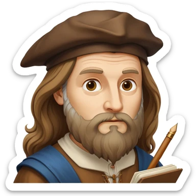 cinematic-realistic-leonardo-da-vinci-portrait-emoji,-depicted-as-the-quintessential-renaissance-polymath-with-deep,-thoughtful-eyes,-a-flowing-beard,-and-a-quill-or-sketchbook-in-hand.-the-scene-is-illuminated-with-warm,-classical-light sticker