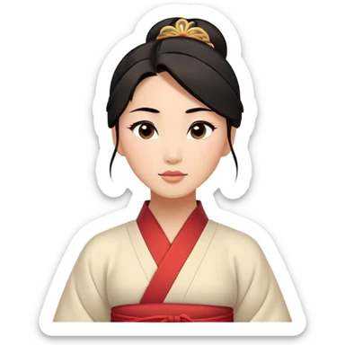 Cinematic Timeless Mulan Portrait Emoji, rendered in a clean vector style. Depict Mulan with warm, light-toned skin, neatly styled dark hair in a traditional bun, and a serene, confident expression, dressed in a simple traditional robe with minimal decoration. The image is highlighted by a soft, inviting glow and a subtle glowing outline, capturing enduring beauty and quiet strength. sticker