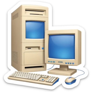 Early 2000s desktop computer, beige plastic casing, CRT monitor with blue screen, tower CPU with CD drive, separate wired keyboard and mouse, simple tech setup sticker