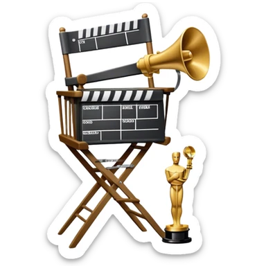 Icon for Directing: a director's chair, a film slate, a megaphone, a stack of script papers and an Oscar statuette. The icon should represent the creative and leadership aspects of directing, with focus on film and theater production. Transparent background. sticker
