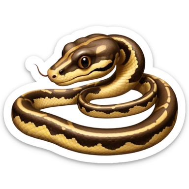 A photo-realistic headshot of a Ball Python with a rounded snout, soft contours, and a calm, curious look. Its warm brown head features bold dark markings, including the signature “alien-head” pattern. sticker