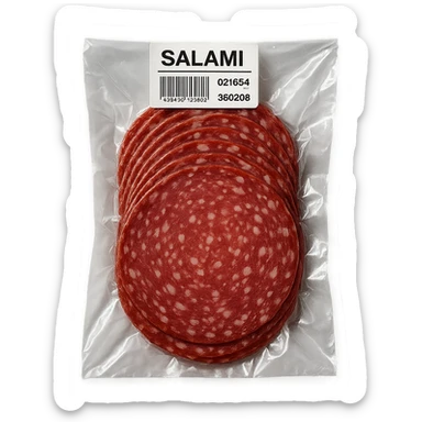 pre-sliced salami in clear vacuum-sealed plastic packaging with visible label, top-down view, clean background sticker