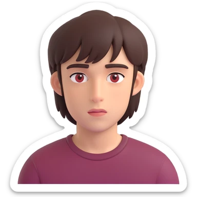 A boy with bangs covering his eyes, long hair sticking out at the back, and long sideburns. He has brown eyes and dark brown hair. He is wearing a maroon t-shirt and has an elongated jaw. He has two moles on the right side of his face, one below the eye and one on the cheek. sticker