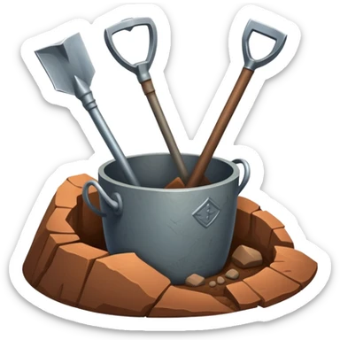 An icon featuring a shovel, pickaxe, and an ancient artifact like a broken pot, symbolizing the essentials of archaeology. The design focuses on the tools of excavation and discovery, recognizable look. Transparent background. sticker