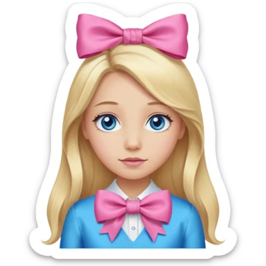 blonde girl long hair middle part, blue eyes,at with a bow sticker