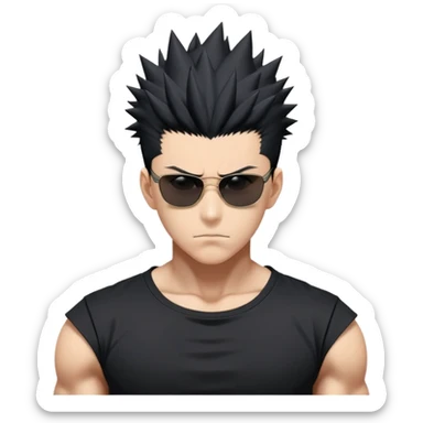 Satoru Gojo from Jujutsu Kaisen with spiky black hair, wearing form-fitting black t-shirt showing muscular build, confident expression, sunglasses on top of head sticker