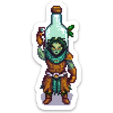 Final Fantasy spriggan holding a bottle of Fantasia, detailed and cute pixel art style sticker