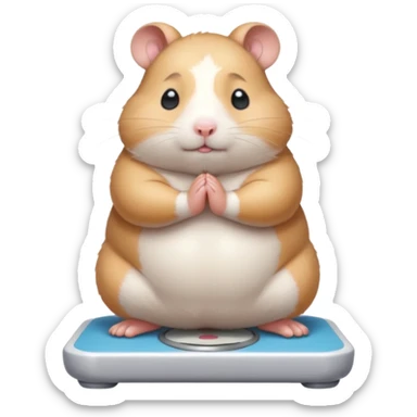 Cute chubby cartoon-style hamster standing on a bathroom scale, looking nervous with praying hands. Painterly shading, closed eyes, white background, sticker-style illustration sticker