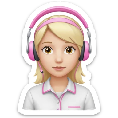 girl with blonde hair, white shirt and pink headset sticker