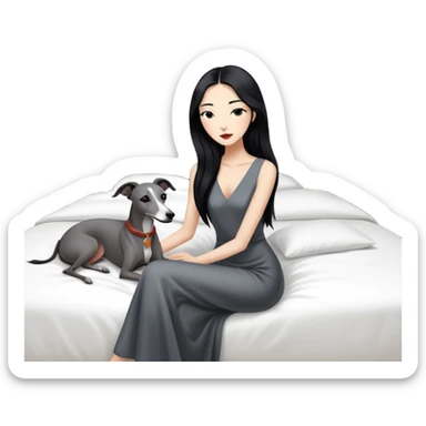 Very thin Chinese woman with long black hair relaxing in a luxurious hotel suite with exactly ONE whippet dog. EXTREME IMPORTANCE: the whippet must be ONE SOLID VERY DARK CHARCOAL GREY COLOR from nose to tail with ABSOLUTELY NO WHITE MARKINGS anywhere - NO white on face, NO white on muzzle, NO white on chest, NO white on paws, NO white on tail - NOTHING BUT A SINGLE SHADE OF VERY DARK GREY throughout the entire animal sticker