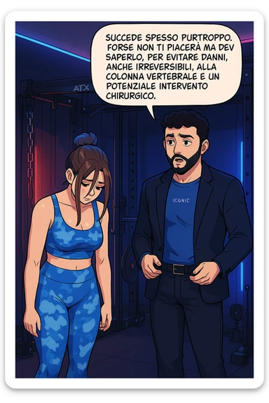 fai questa immagine in versione fumetto/manga/webtoon a colori, il manga mostra l'uomo che risponde alla donne:
Succede spesso purtroppo. 
Forse non ti piacerà ma devi saperlo, per evitare danni, anche irreversibili, alla colonna vertebrale e un potenziale intervento chirurgico. sticker