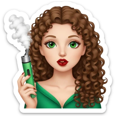 White girl with castani curly long hair grüne Augen , braunes Lip liner , Mascara , vape, italian ,kiss emoji sticker