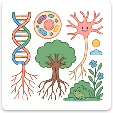 A realistic biological illustration (like in a school book) showing: DNA strands transitioning into a tree, cells with visible organelles, neurons connected to plant roots  and a balanced ecosystem background . Seamless integration, no labels or borders, complete white background (not off white!), detailed but minimalist.  sticker