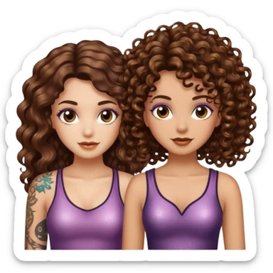 glitter blast — long wavy brown hair tattooed woman and short tight curly brown hair woman — sparkle covered sticker
