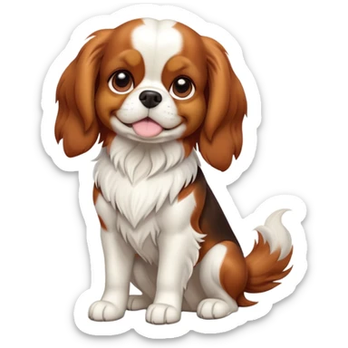 cinematic-[cavalier king charles dog]-realistic-full-body-sitting-emoji,-tail-resting-loosely-beside-its-paws,-head-tilted-dramatically,-sleek-[brown and white]-fur,-simplified-yet-realistic-focused-features,-highly-detailed,-glowing-with-an-almost-sarcastic-glow sticker