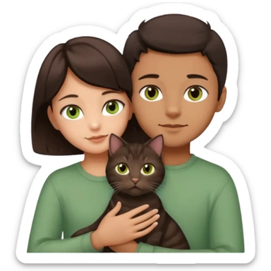 Crea un emoji donde salga un chico de pelo moreno con los ojos claros, una chica de pelo morena con los ojos marrones y UN gato europeo comun de pelaje marron oscuro y ojos verde claro, quiero que se esten abrazando el chico y la chica, y el gato este en el medio de los dos sticker