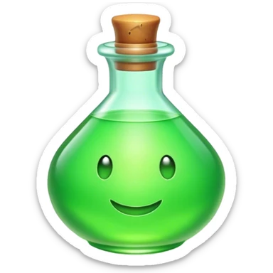 Clash of Clans aesthetic: Cinematic Playful Pixel 3D green health Potion Emoji, rendered in a 3D vector-style similar to standard emojis with minimal shading and bold, simplified shapes. A compact, distinct form with signature details, softly glowing with a pixelated adventure charm. Simplified yet unmistakably iconic, highly detailed and consistent, glowing with a soft radiance and high shine. Stylized with a touch of classic pixel-art charm and a soft glowing outline, capturing the essence of a beloved gaming relic with a friendly, playful manner! sticker