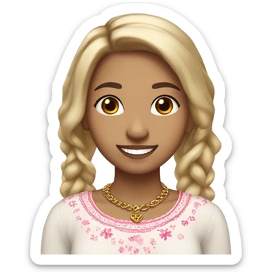 Slavic girl, light skin, brown eyes, black-to-blonde ombre straight tail, smiling with teeth, wearing beautiful blouse with a folk pattern of small pink flowers, a gold necklace. sticker