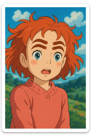 girl with red hair and four eyebrows, ghibli style sticker