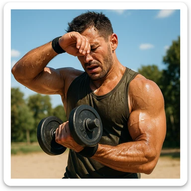 uomo fitness che si allena in estate, tutto sudato, con una mano fa un curl manubri mentre con l'altra mano si asciuga il sudore dalla fronte, espressione affaticata in volto sticker