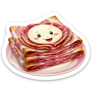 realistic jambon cru thin folded slices deep pink to red white fat streaks silky translucent marbled folds curls creamy integrated fat no bread fruit plate faces clean 3D soft lighting transparent background emoji scale sticker