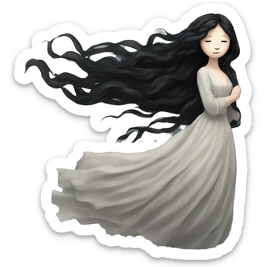 Dramatic girl  very pale with dark lighting  with black hair  in river with very very long lace dress  black long hair flying in the wind no face  sticker