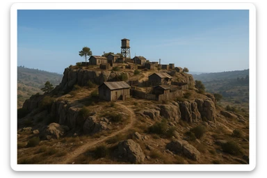A small hilltop mesa city in the videogame dayz, screenshoot  sticker