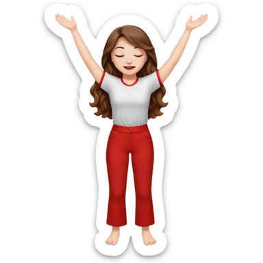 crie uma menina branca com cabelos castanhos longos ondulados, uma roupa de calça e blusa de manga curta na cor vermelho, com braços juntos para cima, olhos fechados e perna levantada. a manga é curta mostra os braços sticker