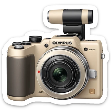Hyper-simplified Olympus Superzoom 70G camera, grayish-beige color, flat design with only the most essential single feature indicated sticker