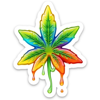 generate an emoji-style image of a juicy gummy shaped like a marijuana flower, make it colorful and with liquid dripping out sticker