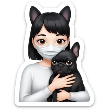 girl with short black straight bangs hair wearing a white mask and hugging a black French bulldog sticker