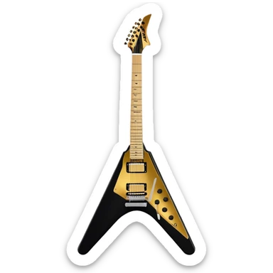 Create a bold and dynamic emoji representing the Epiphone Dave Mustaine Flying V Custom electric guitar. The design should feature the sharp, iconic V-shaped body of the guitar, with a custom finish reflecting Dave Mustaine’s signature style. Add intricate details like gold or chrome tuning pegs and pickups, with subtle graphics or patterns that reflect the aggressive, heavy metal aesthetic. Use a color palette of black, gold, and red, with a touch of metallic sheen for the high-end finish. The background should be transparent to emphasize the guitar's iconic shape sticker